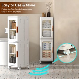 MOSAMNI Slim Bathroom Storage Cabinet for Small Spaces, 2-Tiers Plastic Narrow Storage Organizer with Doors and Shelves Stackable Bathroom Floor Cabinet for Home, Bedroom, Living Room, Study Room