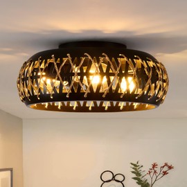 Rattan Flush Mount Ceiling Light, 3-Light Boho Light Fixtures Ceiling Mount, Farmhouse Wicker Flush Mount Light Fixture, Rustic Hand-Woven Rattan Chandelier for Bedroom Entryway Kitchen