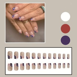 24Pcs Independence Day Press on Nails French Short Square Fake Nails Press ons Acrylic Nail Art Tip Kit Glue on Nails Full Cover Stripe Star False Nails Reusable Stick on Nails for Women Manicure