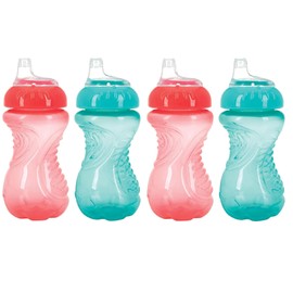 Nuby - Taza entrenadora de 4 piezas sin derrames de fácil agarre, 10 onzas (coral y aguamarina)