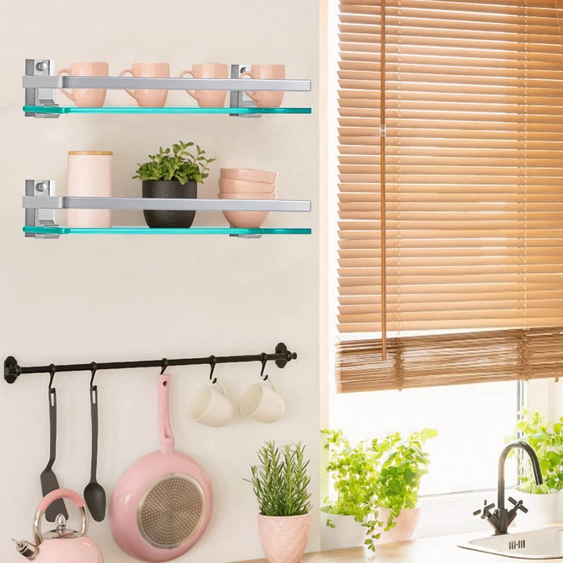 Sanbege 2-Pack Tempered Glass Bathroom Shelf with Rail, 15" x