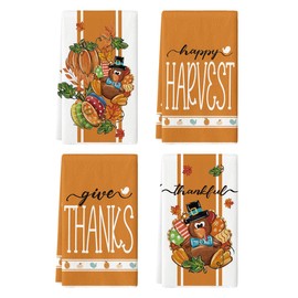 Artoid Mode Stripe Leaves Pumpkin Turkey Thanksgiving Kitchen Towels Dish Towels, 18x26 Inch Farmhouse Holiday Thankful Decoration Cleaning Set of 4
