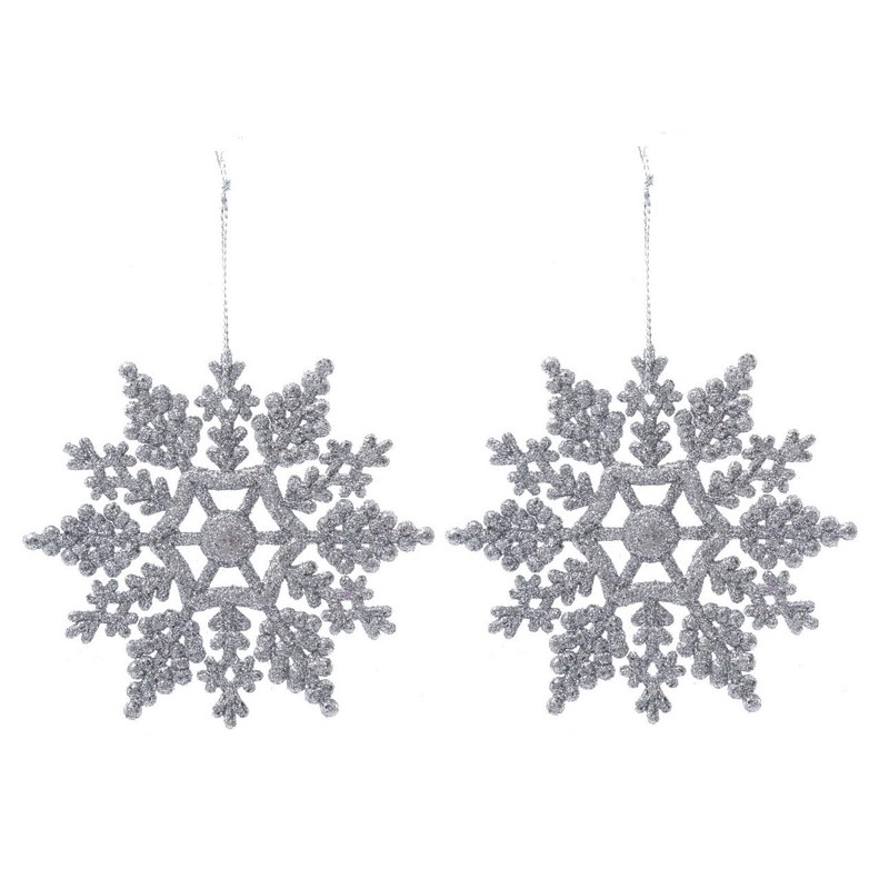 12pk Glitter Snowflake Hanging Decorations, Christmas Tree Snowflake Baubles/Ornaments (Silver)