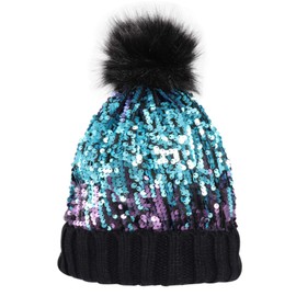 Homiton Women Sequin Knitted Beanie Hat with Faux Fur Pom-Pom Shiny Bling Skull Cap (A-Khaki)