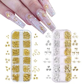 Nail Studs, Stars, 3D, 3D, Cute, Stylish, Y2K Ribbon, Star, Moon, Heart, Flower, Bowknots, Star, Crown, Various Types, Silver Gold, Alloy, Small, Nail Stone, Nail Art, Parts, Metal Deco Parts, Gel
