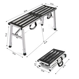 Folding Work Platform 39"(L) x12(W) Height Adjustment 19-27"(H) Portable Steel Step Ladder Stool for Home, Office, Workshop and Garage, Maximum Load 400lbs
