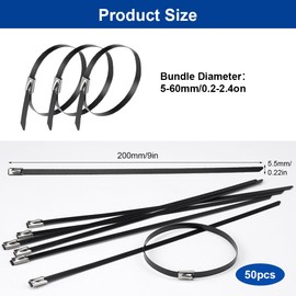 Pack of 50 200 x 4.6 mm Multi-Purpose Metal Cable Ties, Self-Locking Stainless Steel Ties, Metal Cable Ties, UV Resistant, Black Injection Moulding Metal Cable Ties, for Cable Bundling, Garden Care