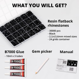 30000Pcs Resin Rhinestones for Crafting Bedazzling, Bulk Black Flatback Gems for Crafts Clothing Clothes Fabric Tumbler Sneakers, Bedazzle Flat Back Jewel Assorted Size SS6/10/16/20/30 with b7000 Glue