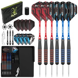 Steel Tip Darts Set, 6 Pack Metal Tip Darts with 9 Dart Shafts and 12 Extra Dart Flights, Beginner & Indoor Party Sports Dart Accessories