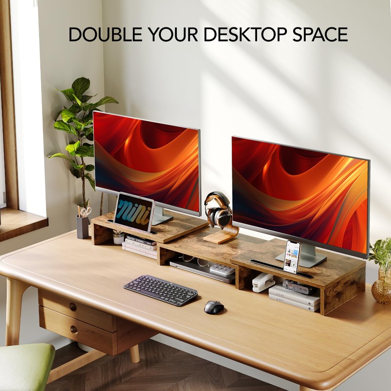 AMERIERGO Dual Monitor Stand Riser- 3 Shelf Screen Stand with