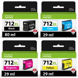 712XL High Yield Ink Cartridges (4-Pack, 80-ml Black, 29-ml Cyan/Magenta/Yellow) Replacement for HP Ink 712 712XL for DesignJet T230 T650 T630 T210 Studio Plotter Printer