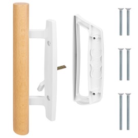 SANKINS Sliding Patio Door Handle Set with Latch Lock, Replacement for Sliding Glass Door, Oak Wood Flush Handle and Exterior Pull, Die-cast Finish, Fits 3-15/16” Screw Hole Spacing, Non-Keyed, White