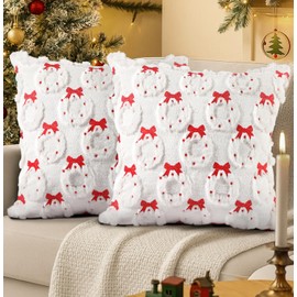 Kokaaee Christmas Pillow Covers 18x18 Inch - Set of 2 Embroidered White Christmas Throw Pillow Cases Soft Plush Faux Fur Bow Xmas Decorations Winter Holiday Decor for Home Bedroom Sofa