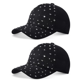 Loopeer 2 Pcs Adjustable Breathable Rhinestone Baseball Cap for Women Men Sequins Casual Sports Cap Rhinestone Hat (Black)