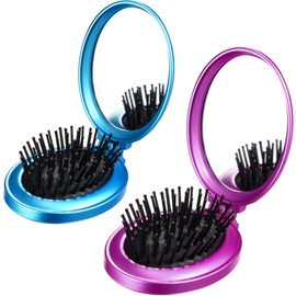 Boao 2 Pack Foldable Travel Mirror Hair Brushes Round Portable Folding Pocket Hair Brush Mini Comb Compact Travel Size Massage Comb for Men Women (Blue, Purple)