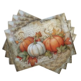 Fall Pumpkin Maple Leaf Placemats Set of 4, 12x18 Inch Vintage Autumn Harvest Rustic Leaves Table Mats Seasonal Fall Thanksgiving Washable Linen Fabric Place Mats for Party Kitchen Dining Decor