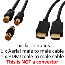 ConnectingU Black 2 Cable Kit (THIS IS NOT an HDMI to Coax convertor). 1x 0.5m HDMI Cable Male to Male with Ethernet bundled with a 1x 0.5m TV Aerial Cable Male to Male with Female to Female Coupler.