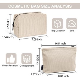MAANGE Makeup Bag,2 Pcs Cosmetic Bags for Women,Travel Makeup Bag Small Toiletry Bag,Corduroy Make Up Organizer Bag for Purse,Makeup Brush Bag with Zipper,Cute Aesthetic Preppy Stuff (Beige)