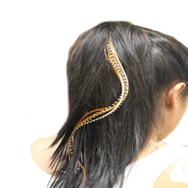 5 Feathers 4"-6" Thin Beautiful Natural Beige & Brown Feathers for Hair Extension with 2 Beads