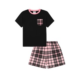 ThePyjamaFactory Girls Black and Pink Checked Leg Short Cotton Pyjamas PJ's for Children, black