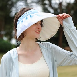 SLH5M211T - Visera de ala ancha plegable con protección UV UPF 50+, gorra de playa enrollable para cola de caballo, Azul/claro, One Size