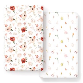 Stretch Ultra Soft Jersey Knit Fitted Crib Sheets Set 2 Pack, Fits All Standard Crib Mattress Pads Safe and Snug, Crib Fitted Sheet for Baby, Pretty Watercolor Rose Flora for Baby Girls, Orange Pink