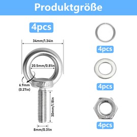 4 Sets M8 Eyebolt with Nut, Stainless Steel Eye Bolts and Nuts, M8 x 80mm Lifting Long Eye Bolt with Nut, Heavy Duty Ring Eyebolt Thread Screws for Hanging Living Lifting Items, Silver
