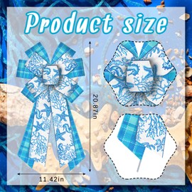 ALIBBON Large Summer Sea Bows for Wreaths, Summer Wreath Bows, Blue Buffalo Plaid Bows for Front Door, Summer Decor, Seaweed Starfish Burlap Bows for Summer Wreath Indoor Outdoor Decoration