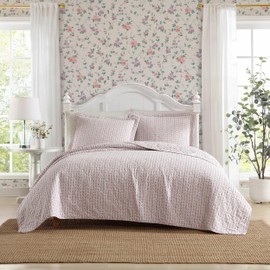 Laura Ashley - Full/Queen Quilt Set, Breathable Premium Cotton Bedding with Matching Sham(s), Super Soft Floral Bedding Essentials (Marta Stripe Pink, Full/Queen)