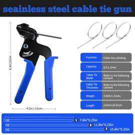Stainless Steel Cable Tie Gun with 150 Pcs (50 Each of 8, 12, 16 Inch) Metal Zip Ties Tool, Heavy Duty Self-locking Cable Tie Gun Kit for Fastening and Cutting Fence Exhaust Pipe Outdoor