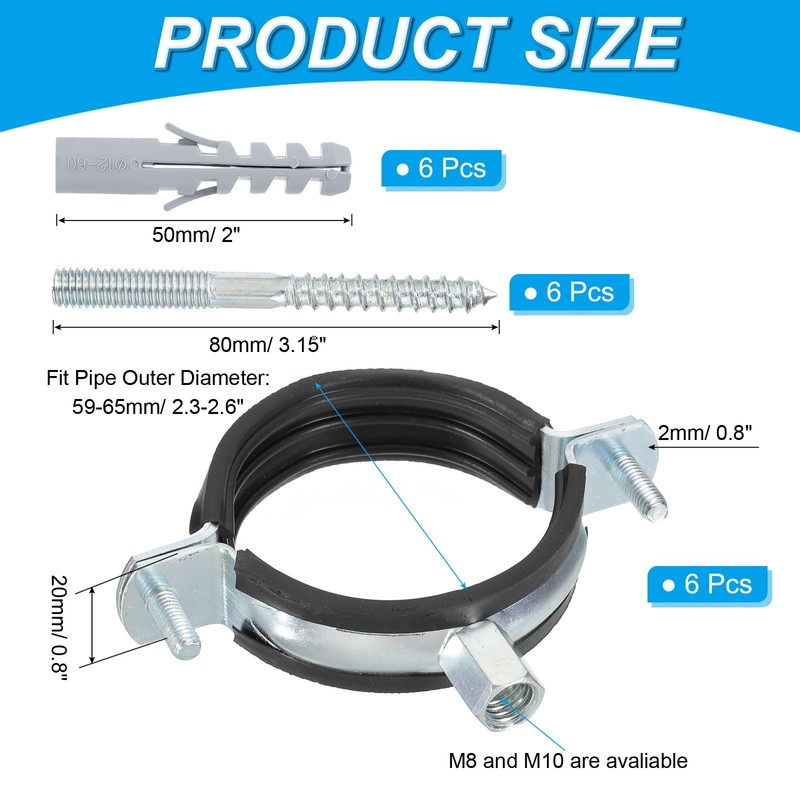 PATIKIL 2.3"-2.6"/59-65mm Split Ring Pipe Hanger, 6 Pcs Heavy Duty