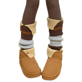 EMOTTOS Women's Ribbed Knit Leg Warmers 1 Pair, Knitted Leg Warmers with Contrast Stripes, Ballet Leg Warmers, Knitting Leg Warmers for Girls, One Size, Brown/Beige, brown