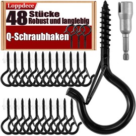 Loppdece Pack of 48 Hooks for Screws, Screw Hooks, Black, Stainless Steel Hook Screws with Fuse, Q-Hanger Screw Hooks, Heavy Duty for Plant Baskets, Bird Feeders, Wind Chimes, Fairy Lights