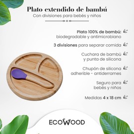 Ecowood® Plato Extendido de Bambú con Divisiones para Bebe y Niño - Con Base de Silicona Succión Adherente y Antiderrapante (Morado)