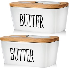 AISBUGUR Butter Dish with Lid Ceramics Butter Keeper Container with Knife and High- quality Silicone Sealing Butter Dishes with Covers Good Kitchen Gift, Set of 2, White