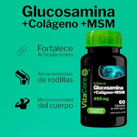 Glucosamina + Colágeno + MSM | 60 Cápsulas de 400 mg | Suplemento para Articulaciones, Rodillas y Columna | Fortalece Cartílago y Movilidad | Fórmula con Colágeno Hidrolizado