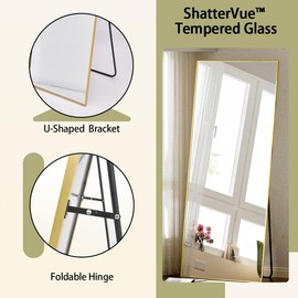 BEAUTYPEAK Full Length Mirror with Stand, 56"x21" Floor Mirror with Aluminum Alloy Thin Frame, ShatterVue Tempered Full Body Mirror, Free Standing or Wall-Mounted Mirror for Living Room, Gold