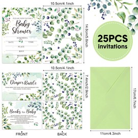 Leinuosen 25 Sets Greenery Baby Shower Invitations, Diaper Raffle Tickets, Baby Shower Book Request Cards with Envelopes for Baby Shower, Engagement and Birthday Party Decorations