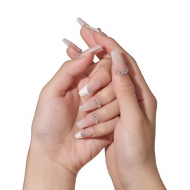 Allvounail Press on Nails 100% Handmade French Tip White Full Cover Acrylic Reusable False Nails for Women Medium Coffin 10 Pcs(Nude Gem,M)