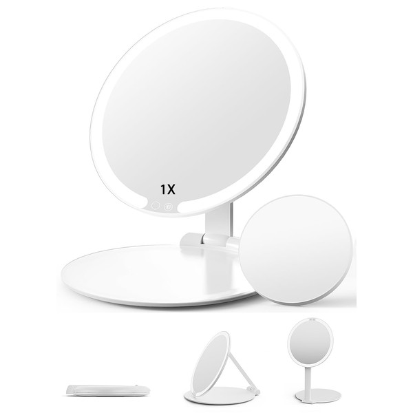 Makeup Mirror with Lights, 8" Foldable Lighted Makeup Mirror for Travel, 46 LED Dimmable Portable Vanity Mirror with 3 Lighting Modes (Circular)