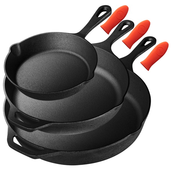 Nutrichef 3 Pieces Kitchen Frying Pre-Seasoned Cast Iron Skillet Pans Nonstick Cookware Set w/Drip Spout, Silicone Handle, For Electric Stovetop, Glass Ceramic