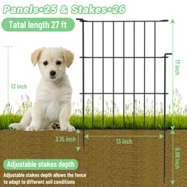 Decorative Garden Fence 25 Pack - No Dig Dog Animal Barrier Fence Rustproof Metal Wire Panel Border, Animal Ground Stakes Fencing for Garden, Patio 17 in (H) x 27 ft (L)