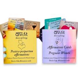 Atvi.fit Postpartum Affirmation Cards for Women Uplifting and Vibrant Cards to Support New Moms After Birth | new mom affirmation cards & Pregnancy Postpartum Gifts for Mom (2 Decks x31 cards) With a Wooden stand