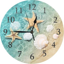 ATEDEANEI Silent Decorative Wall Clock Starfish Shell Beach Wooden 10 Inch Wall Decor Arabic Numerals for Bedroom Living Room Kitchen Frameless