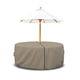 Covers & All Patio Round Table and Chair Set Cover with Umbrella Hole - Heavyduty 12 Oz Waterproof Outdoor Backyard Furniture Cover with Air Pocket & Drawstring for Snug fit. (60" Dia x 23" H, Beige)