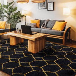 Area Rug for Living Room Bedroom, 3X4.8 Feet Soft Shaggy Rug, Plush Fluffy Rugs, Modern Moroccan Geometric Carpets, Anti-Skid Durable Carpet for Kids Dorm Nursery, Black and Gold