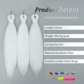 Pre Stretched Braiding Hair 16 Inch White color Box Braid Hair Extensions Yaki Texture Pre Stretched Braids Hair Easy to Use for All Seasons Occasions (60#-3PCS)