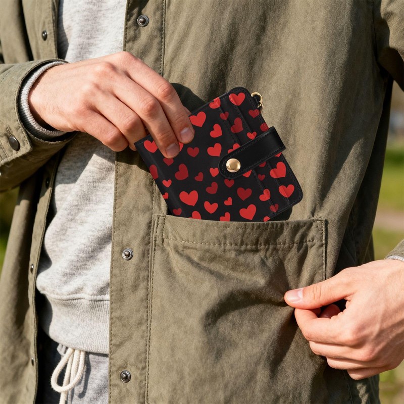 Dallonan Red Heart Black Womens Wallet RFID Blocking Small Slim