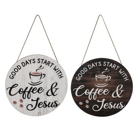 2 PCS Coffee Bar Sign Vintage Wooden Coffee Sign for Kitchen Home Office Cafe Housewarming Gift 12×12in (White + Chestnut)