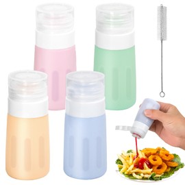 4Pcs Condiment Squeeze Bottles for Sauces, Leakproof Salad Dressing Container to Go, Small Silicone Squeeze Bottles with Brush, Condiment Containers Dispenser for Ketchup Hot Sauce Lunch Travel, 2 Oz